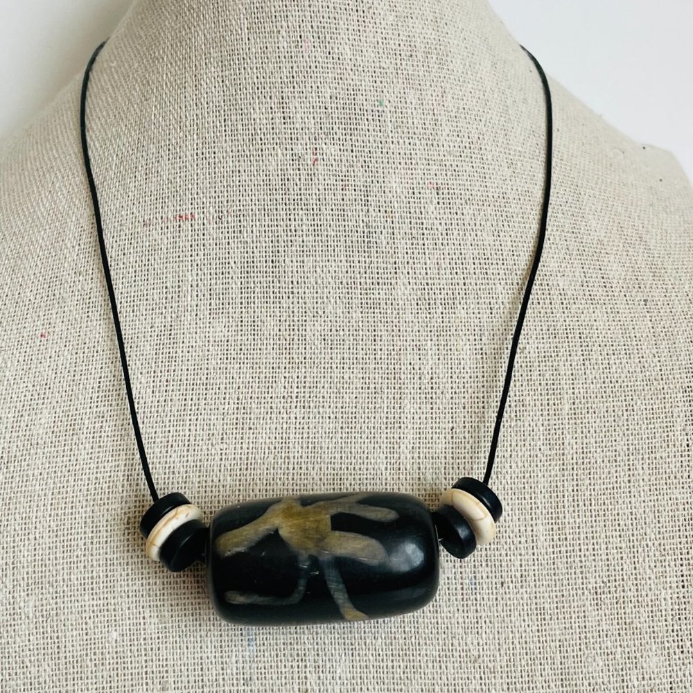 Artisan Wood Howlite Beaded Leather Cord Choker Adjustable Necklace NEW
